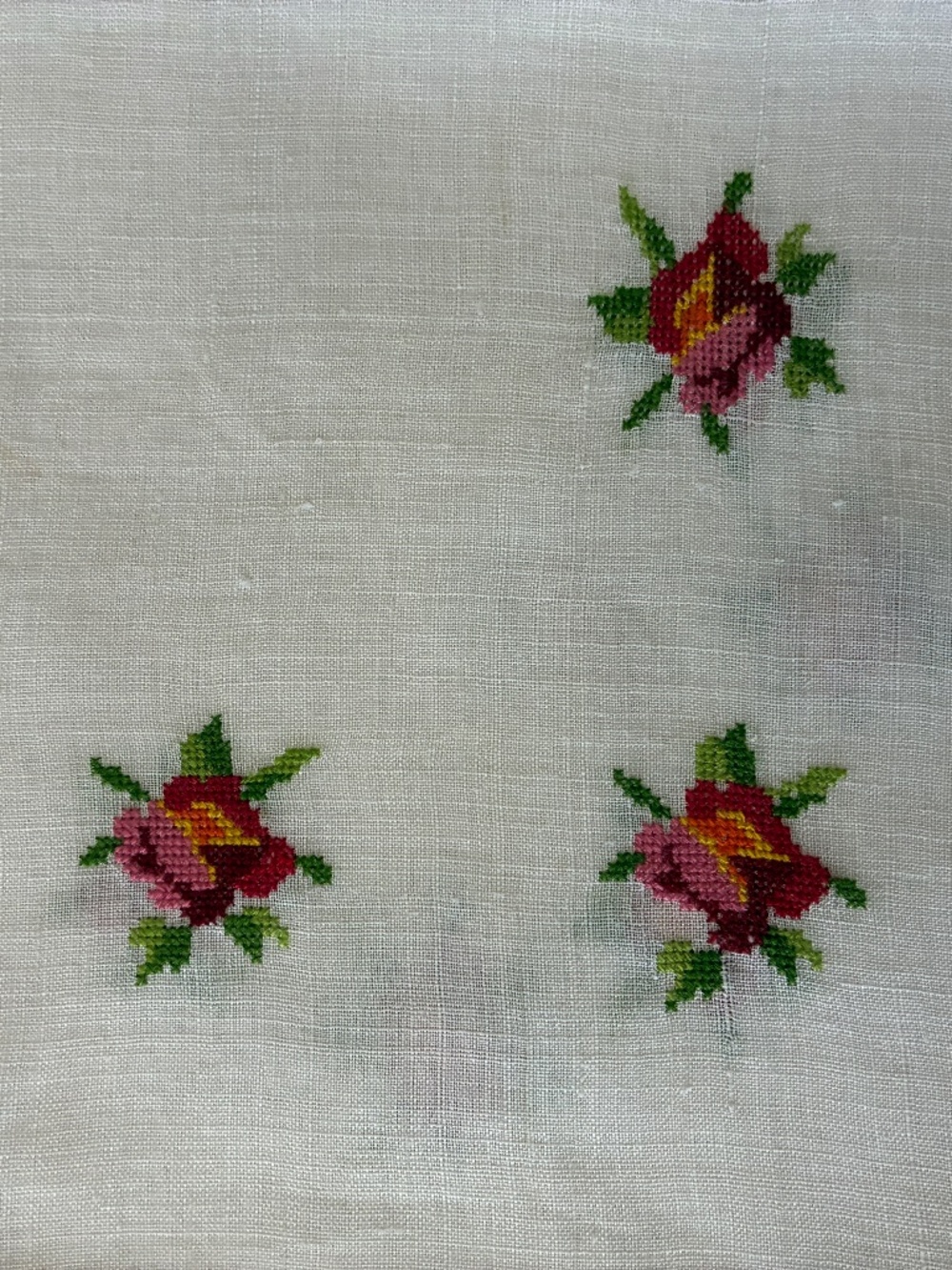 Vintage Linen Cross Stitched Roses Tablecloth 33 1/2 x34